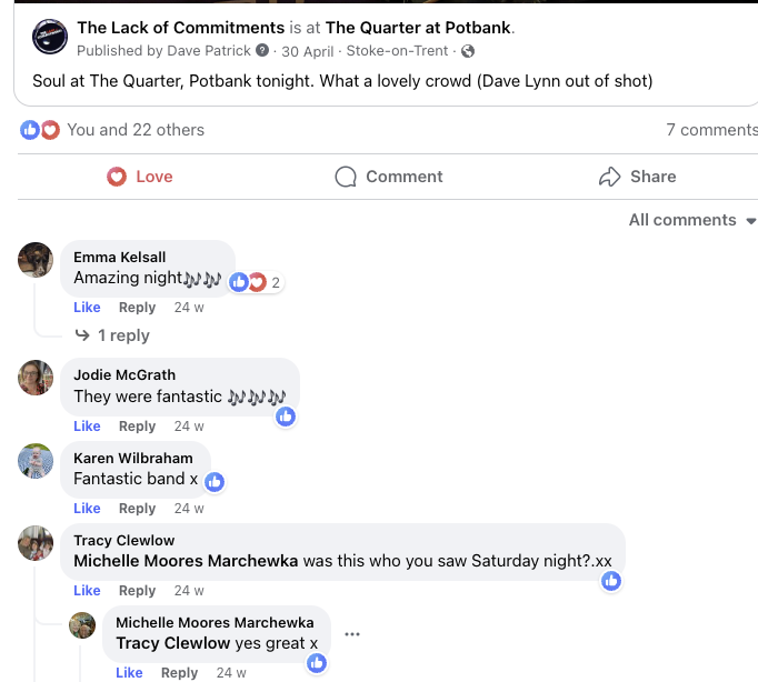 Facebook comments from the LOC gig at The Quarter