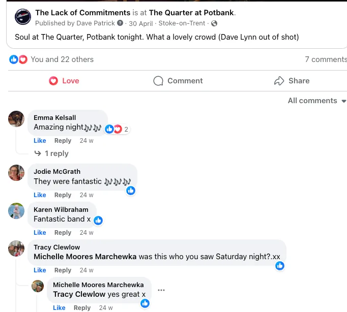 Facebook comments from the LOC gig at The Quarter